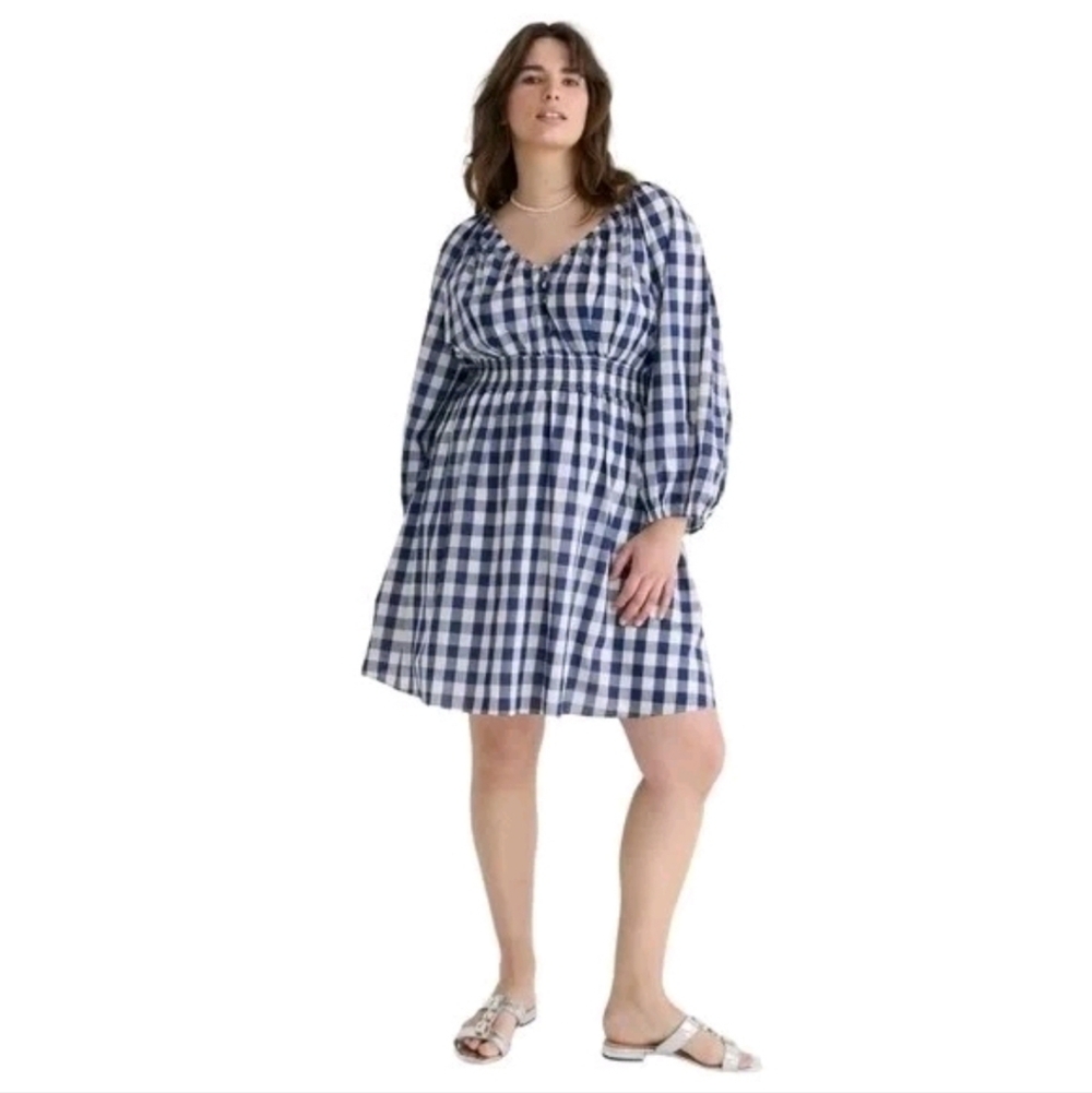 J. Crew V-neck Mini Dress Navy Blue Gingham Plaid